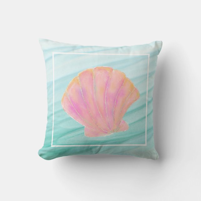 Beach Pink and Gold Clam Seashell Cushion (Front)