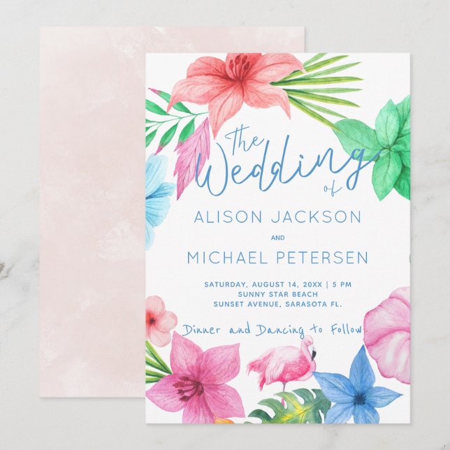 Beach pink blue tropical floral wreath wedding invitation (Front/Back)