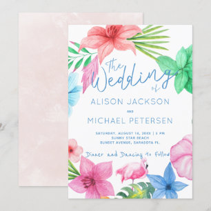 Beach pink blue tropical floral wreath wedding invitation