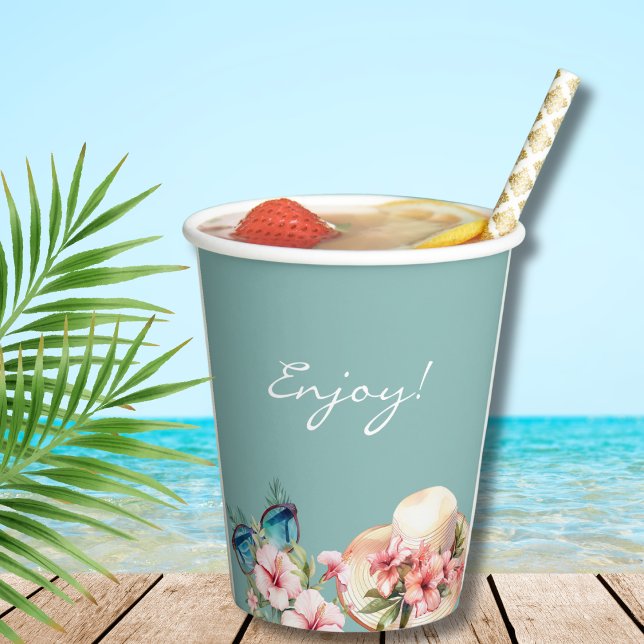 Beach Pink Floral Blue Tropical Bridal Shower Paper Cups (Creator Uploaded)
