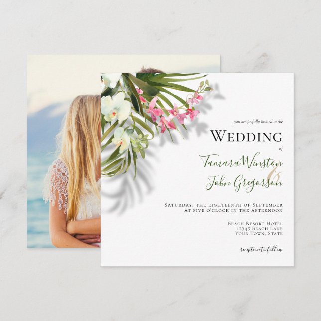Beach Pink Floral Tropical Palms Photo Wedding Invitation (Front/Back)