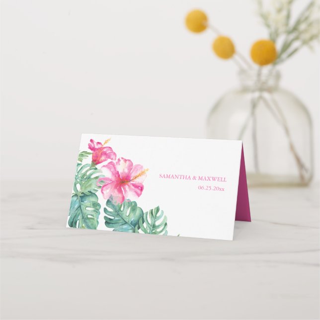 Beach Pink Floral Watercolor Hibiscus Wedding Place Card (Back)