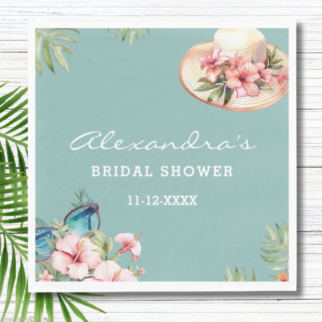 Beach Pink Flowers Blue Tropical Bridal Shower Napkin (Creator Uploaded)