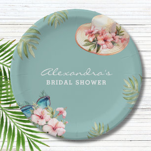 Beach Pink Flowers Blue Tropical Bridal Shower Paper Plate