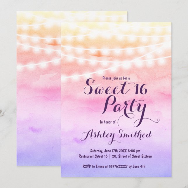 Beach pink watercolor string lights Sweet 16 Invitation (Front/Back)