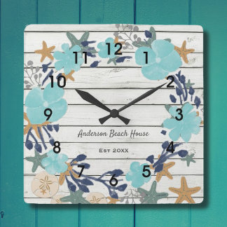 Beach Planks and Starfish Square Wall Clock