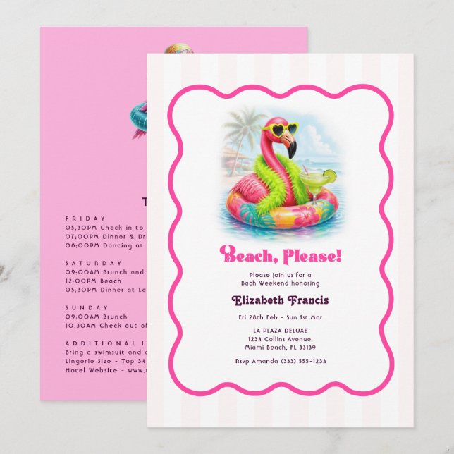 Beach Please Funny Flamingo Bachelorette Weekend Invitation (Front/Back)