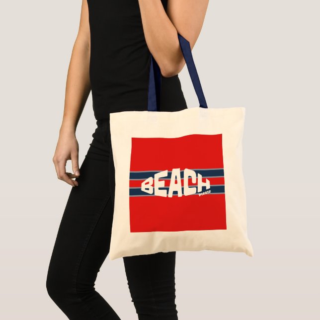 Beach Please Red & Navy Blue Striped Tote Bag (Front (Product))