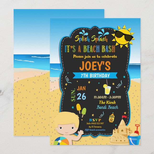 Beach Pool Birthday Party Bash Boy Blonde Summer Invitation (Front/Back)