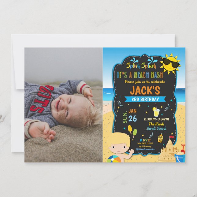 Beach Pool Birthday Party Blonde Boy Summer Photo Invitation (Front)