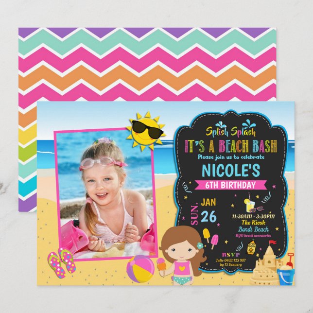 Beach Pool Birthday Party Girl with Photo Invitation (Front/Back)