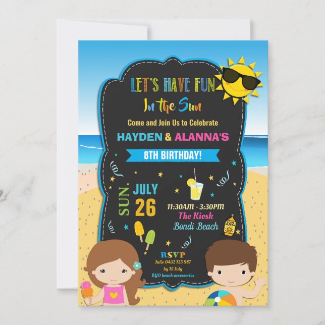 Beach Pool Birthday Party Twins Siblings Boy Girl Invitation (Front)