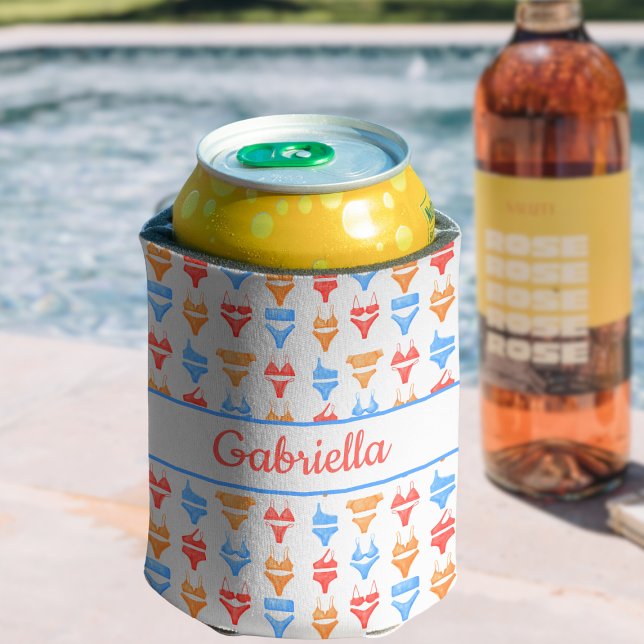 Beach Pool Party Personalised Name Bachelorette Can Cooler (Custom Bachelorette Can Cooler - Personalized Beach Party Favor with Colorful Bikini Pattern!)