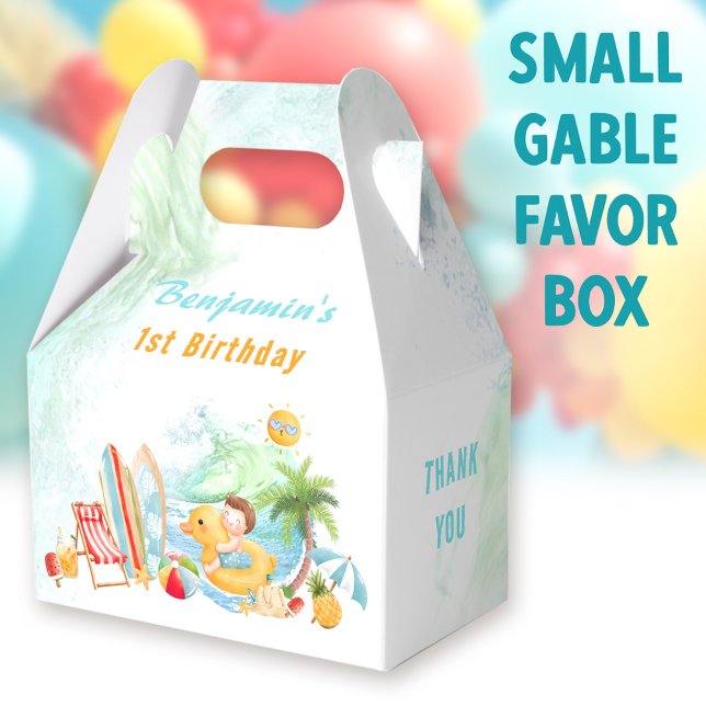 Beach Pool Party Summer 1st Birthday Boy  Favour Box (Beach boy Small Gable Favor Boxes - You can choose from 3 sizes of these gable favor boxes)