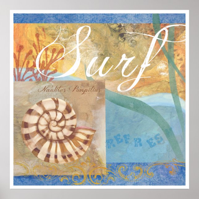 Beach Poster 1, "Surf with nautilus Shell" (Front)