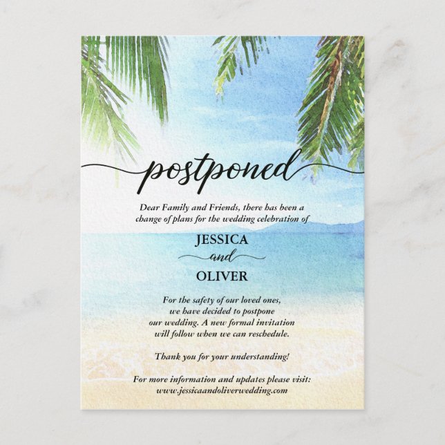 Beach Postponed Wedding Announcement Postcards (Front)