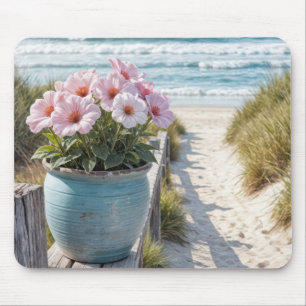 Beach Pot With Pink Petunias Mouse Mat