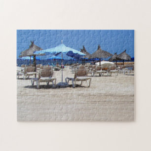 Beach Print with Lounge Chairs, Bamboo Umbrellas Jigsaw Puzzle