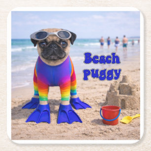 Beach Puggy Square Paper Coaster