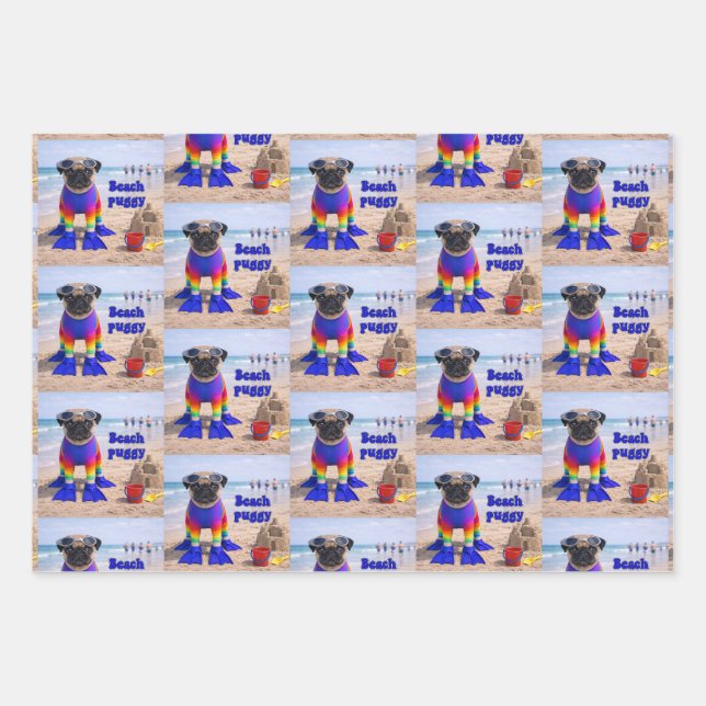 Beach Puggy Wrapping Paper Sheet (Front)
