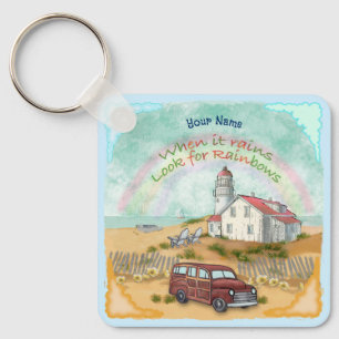 Beach Rainbow Lighthouse Key Ring