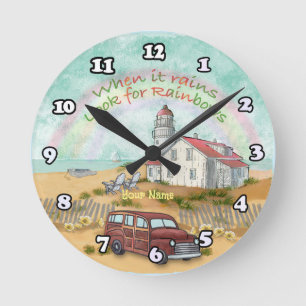 Beach Rainbow Lighthouse  Round Clock