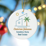 Beach Real Estate Company Cute Custom Christmas Ceramic Tree Decoration<br><div class="desc">This cute tropical real estate company Christmas ornament features a modern blue beach house with a cool coastal palm tree and island sun. Customise this marketing gift with your agent and realty business name for a realtor along the coast.</div>