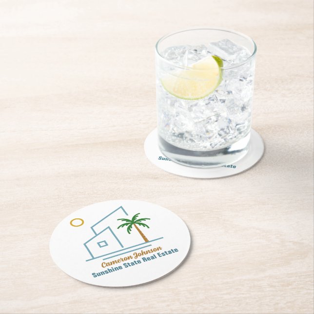 Beach Real Estate Company Cute Customisable Round Paper Coaster (Insitu)