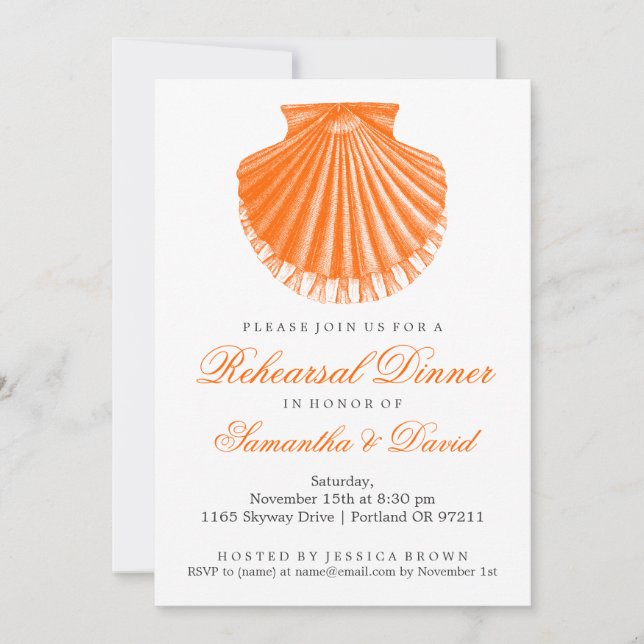 Beach Rehearsal Dinner Scallop Shell Orange Invitation (Front)