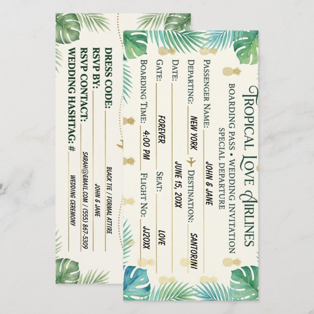 Beach Resort Wedding Boarding Pass Card (Front/Back)