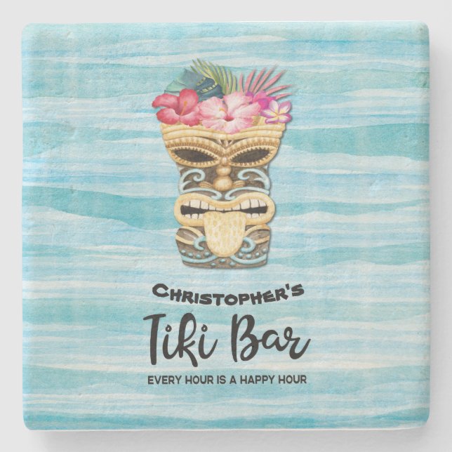  Beach Retro Tiki Bar Monogrammed Stone Coaster (Front)