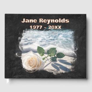 Beach Rose On Black Leather Memorial Service Guest Book