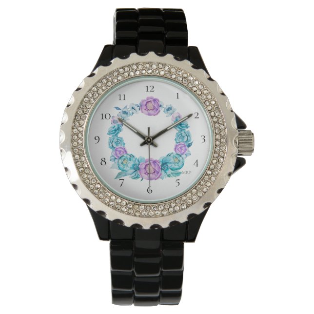 *~* Beach Rose Turquoise Magenta  Floral Wreath Watch (Front)