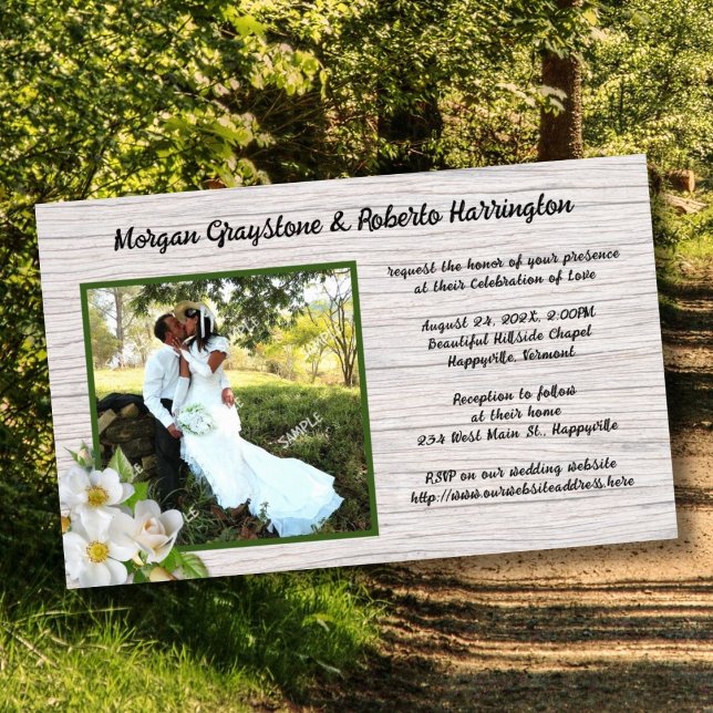 Beach Roses Wood Wedding Invitations Budget Paper (Creator Uploaded)