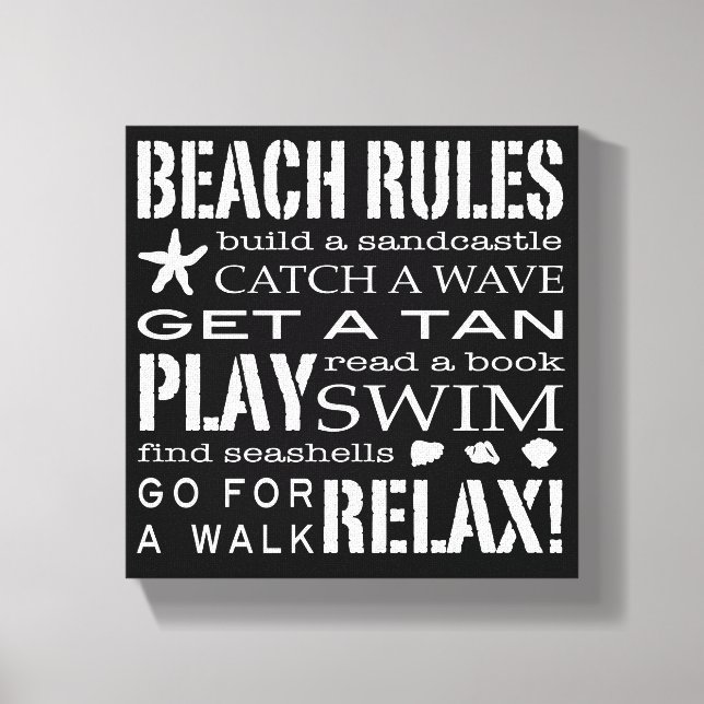 Beach Rules By the Seashore Crisp Black & White Canvas Print (Front)