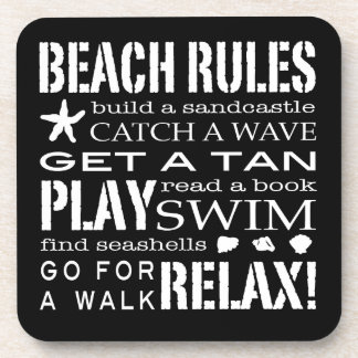 Beach Rules By the Seashore Graphic Black & White Coaster