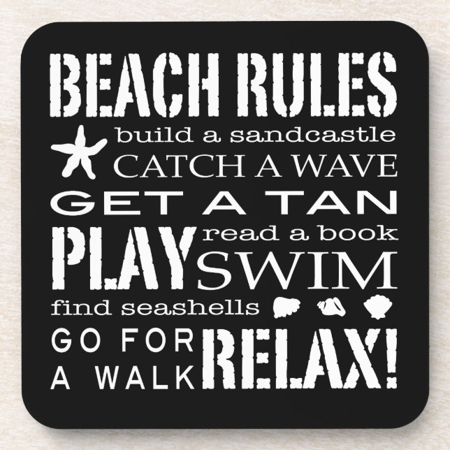 Beach Rules By the Seashore Graphic Black & White Coaster (Front)