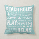 Beach Rules By the Seashore Soft Aqua & White Cushion<br><div class="desc">Reversible pillow in two lovely shades of aqua teal displays the rules of the beach for everyone to follow! From building sandcastles to searching for seashells,  the order of the day is to RELAX! Available in a variety of colours.</div>