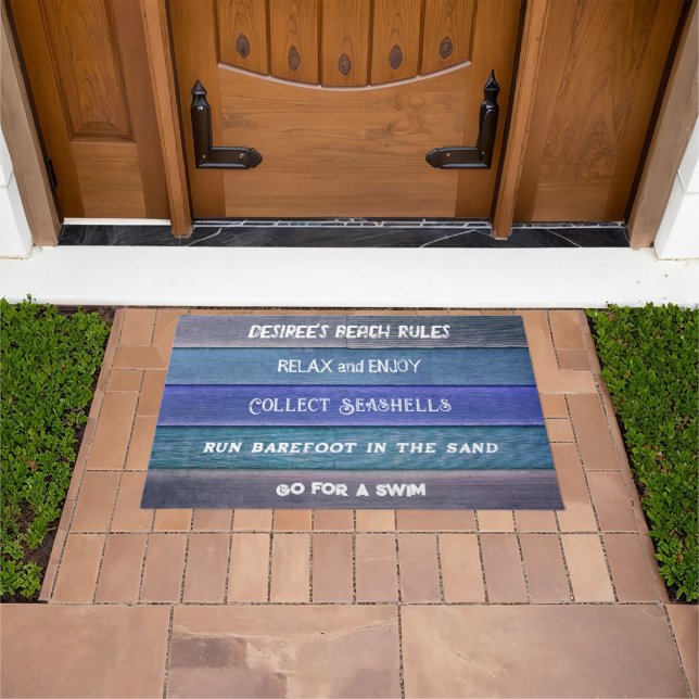 Beach Rules Rustic Blue Teal Grey Nautical Wood Doormat (Outdoor)