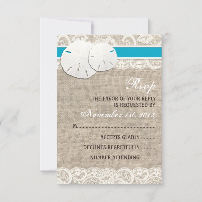 Beach Rustic Burlap Lace RSVP Card - Malibu (Front)