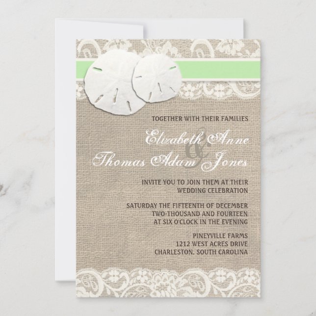 Beach Rustic Burlap Lace Wedding Invitation Green (Front)