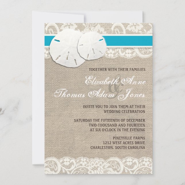 Beach Rustic Burlap Lace Wedding Invitation Malibu (Front)
