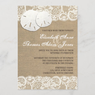 Beach Rustic Warm Burlap Lace Wedding Invitation