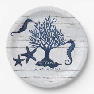 Beach Rustic Wedding Navy Blue Watercolor Seahorse Paper Plate