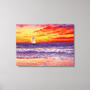 BEACH SAILBOAT SUNSET STRETCHED CANVAS ART PRINT