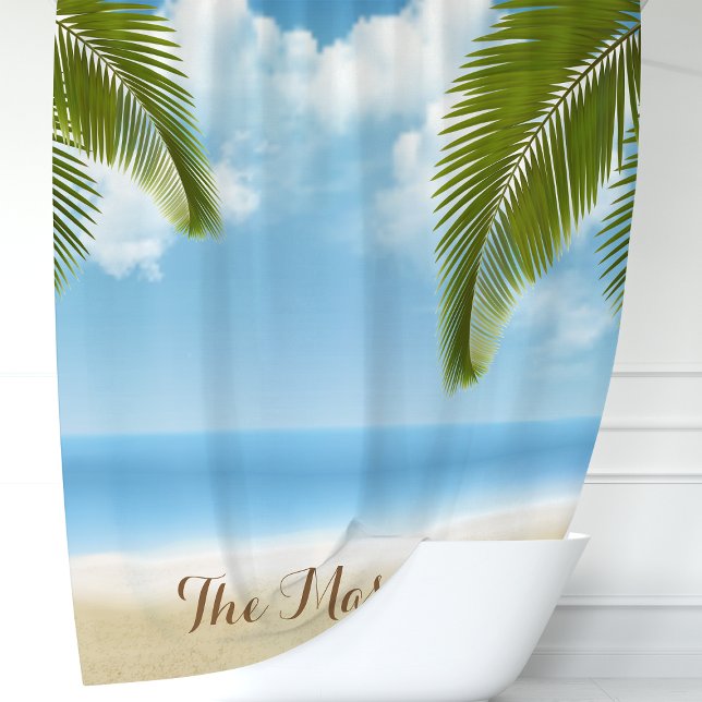 Beach Sand and Ocean Palm Trees Monogram Shower Curtain (Creator Uploaded)