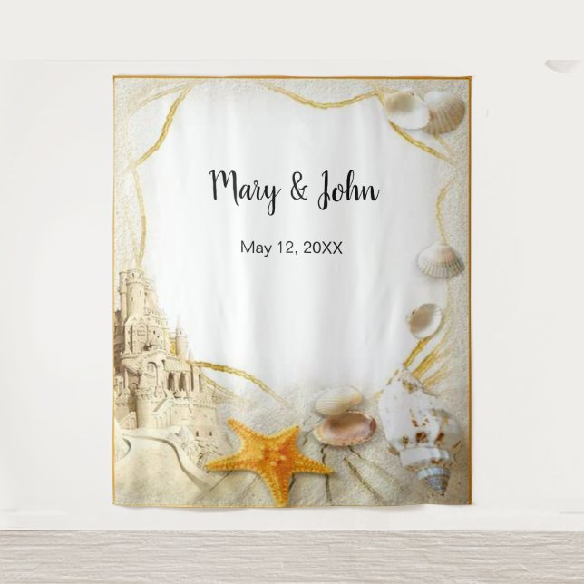 Beach Sand Castle Wedding Photo Backdrop Tapestry (Front)