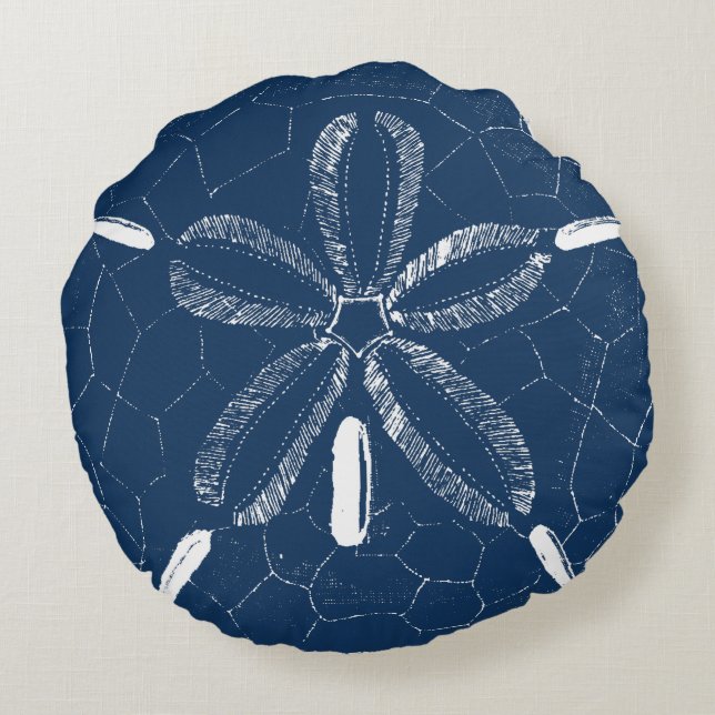 Beach Sand Dollar Navy Blue White Round Cushion (Back)