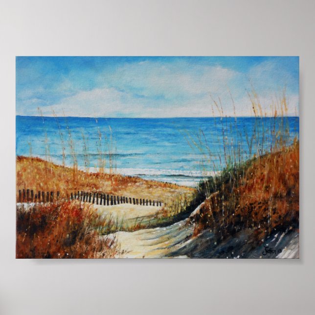 Beach Sand Dunes and Ocean Painting Glossy Poster (Front)