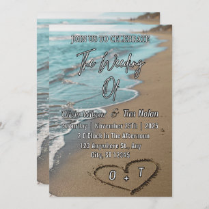 Beach Sand Hearts Elegant Tropical Modern Wedding Invitation